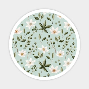 White Flowers and Green Leaves Pattern on Green Magnet
